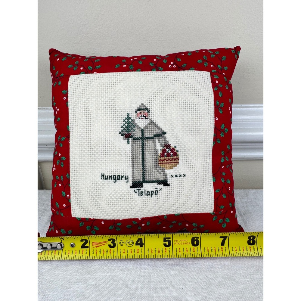 Handmade Cross Stitch Hungary Telapo Christmas Pillow 8x8 Red Holly Pinecone